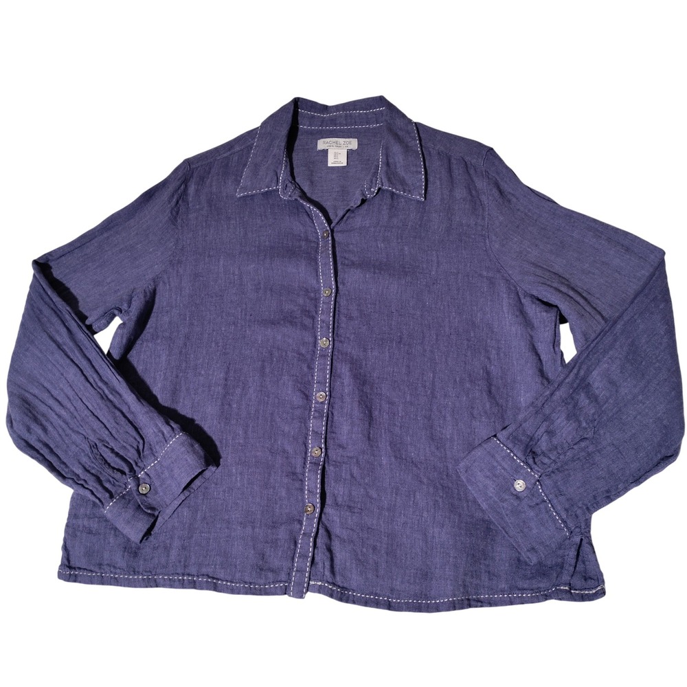 Rachel Zoe Womens Large Blue 100% Linen Contrast Stitch Button Down Shirt Top
